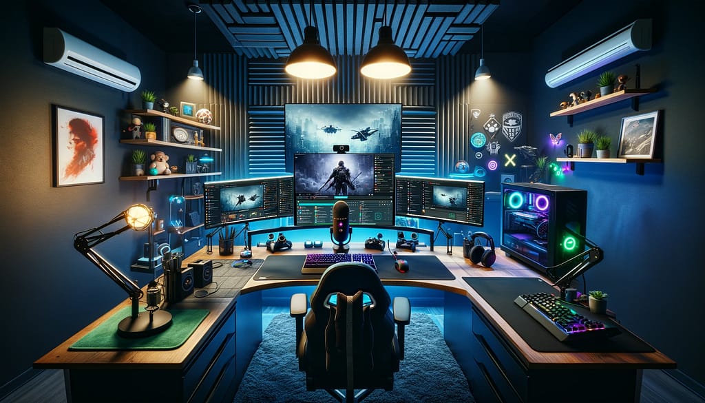 DALL·E 2024 01 02 16.01.12 Wide angle view of a sophisticated streaming setup in 16 9 format showcasing a modern streamers workspace. The scene includes a large desk with a tr
