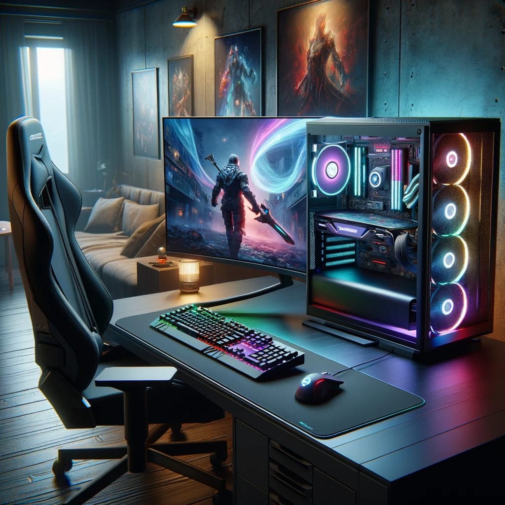 DALL·E 2024 01 02 15.30.49 A realistic image of a high end gaming PC setup. The scene includes a sleek modern desk with a large curved gaming monitor displaying an immersive